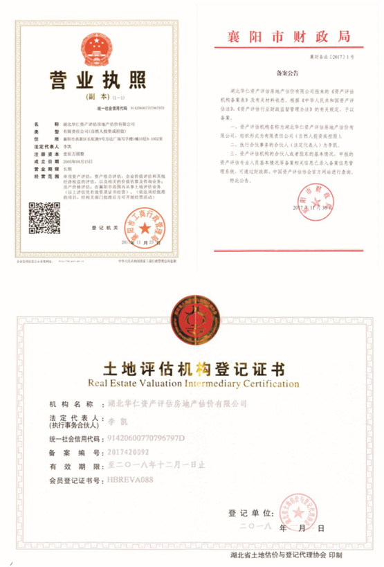 華仁資產(chǎn)評(píng)估房地產(chǎn)估價(jià)有限公司營(yíng)業(yè)執(zhí)照、資產(chǎn)評(píng)估備案公告、土地評(píng)估機(jī)構(gòu)登記證書(shū).jpg
